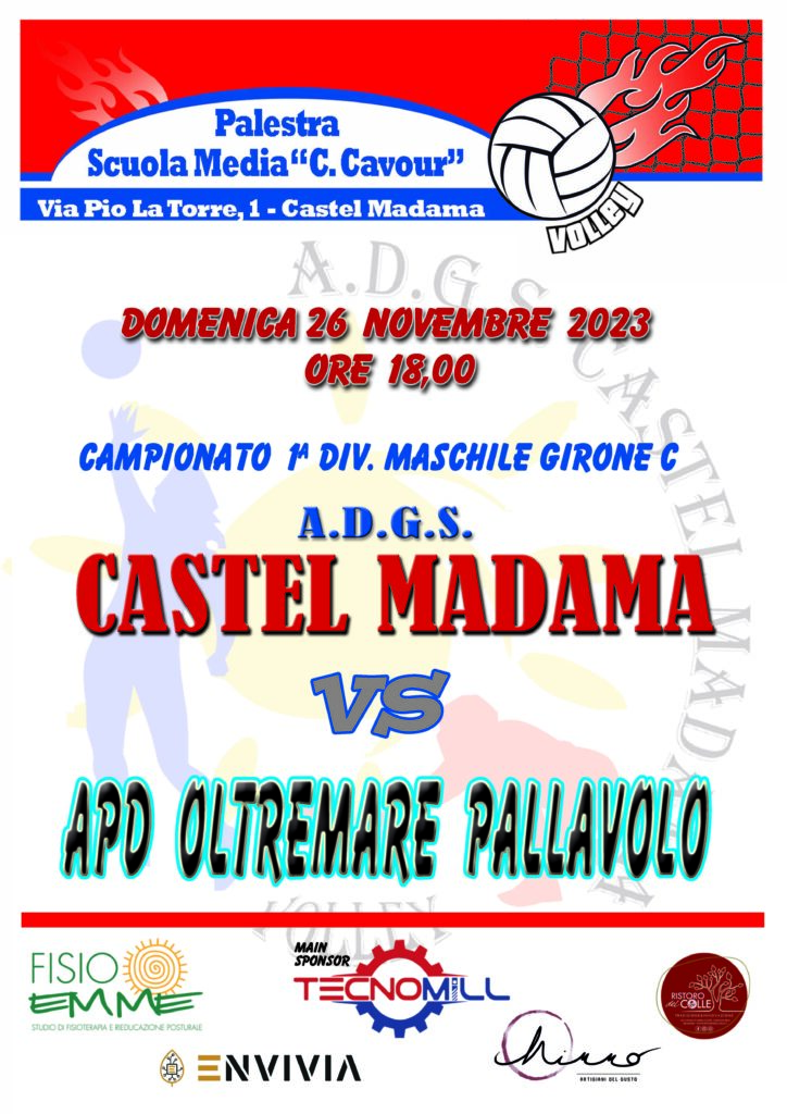 1 divisione locandina adgs Castel Madama vs Apd Oltremare Pallavolo 26112023